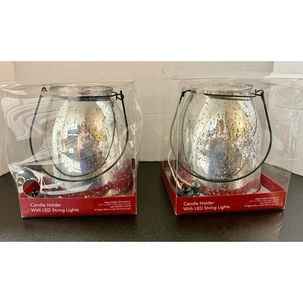 Pair Silver Mercury Glass Candle Holders with LED String Lights